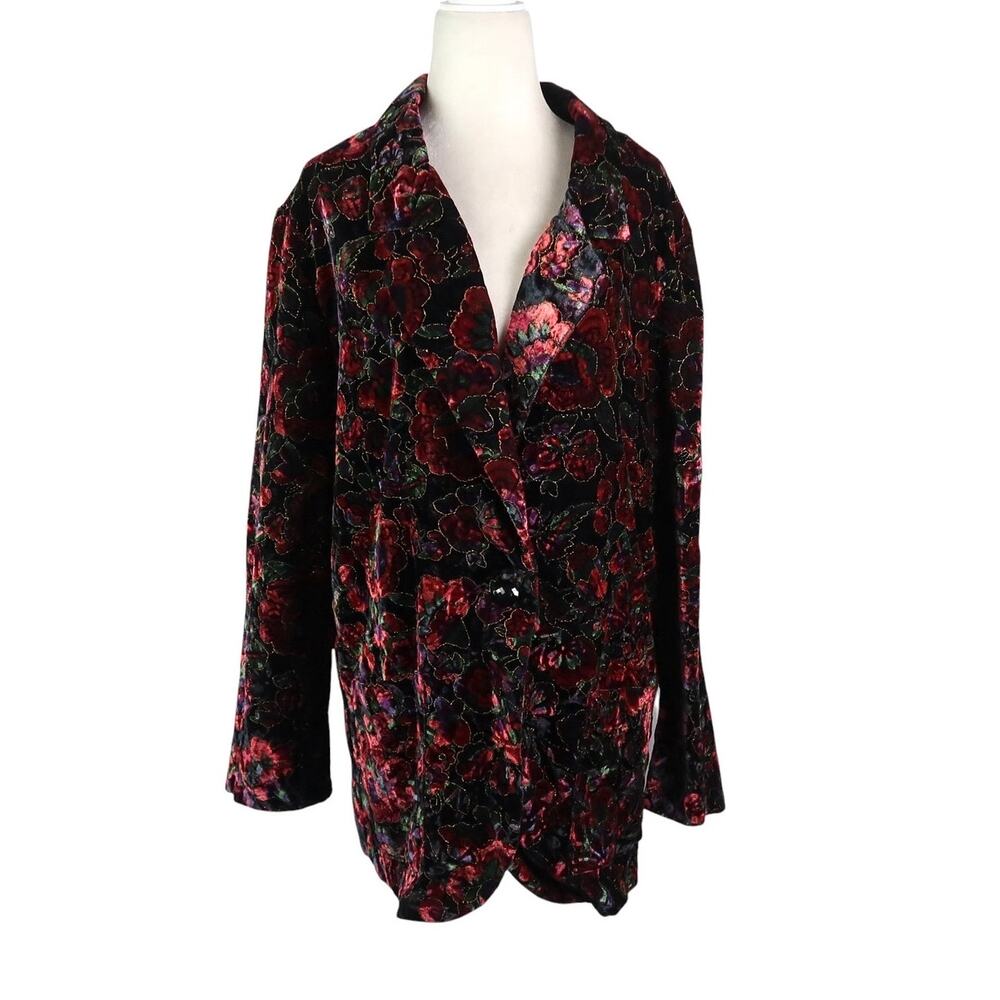 Vintage 90s Brittany Nicole Black and Red Floral Velvet Blazer Jacket